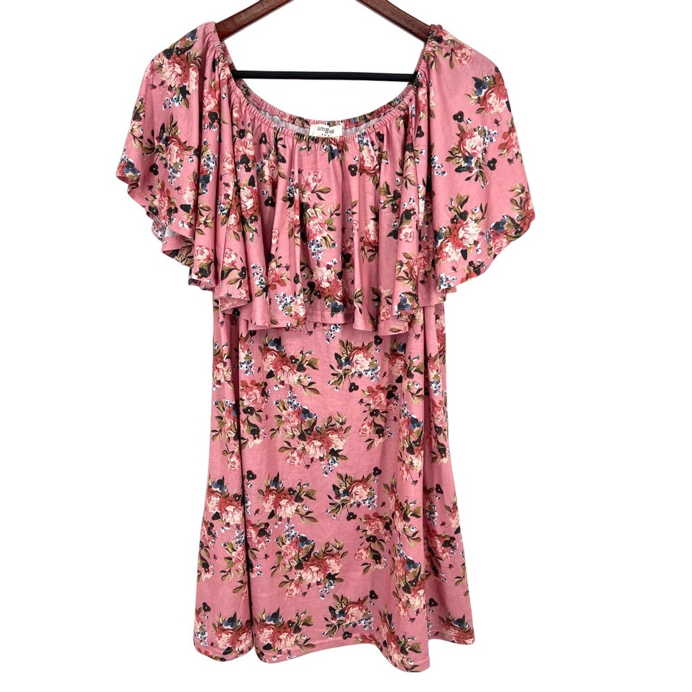 Umgee Womens Size Large Pink Boho Floral Dress Ruffles Summer Beach Travel